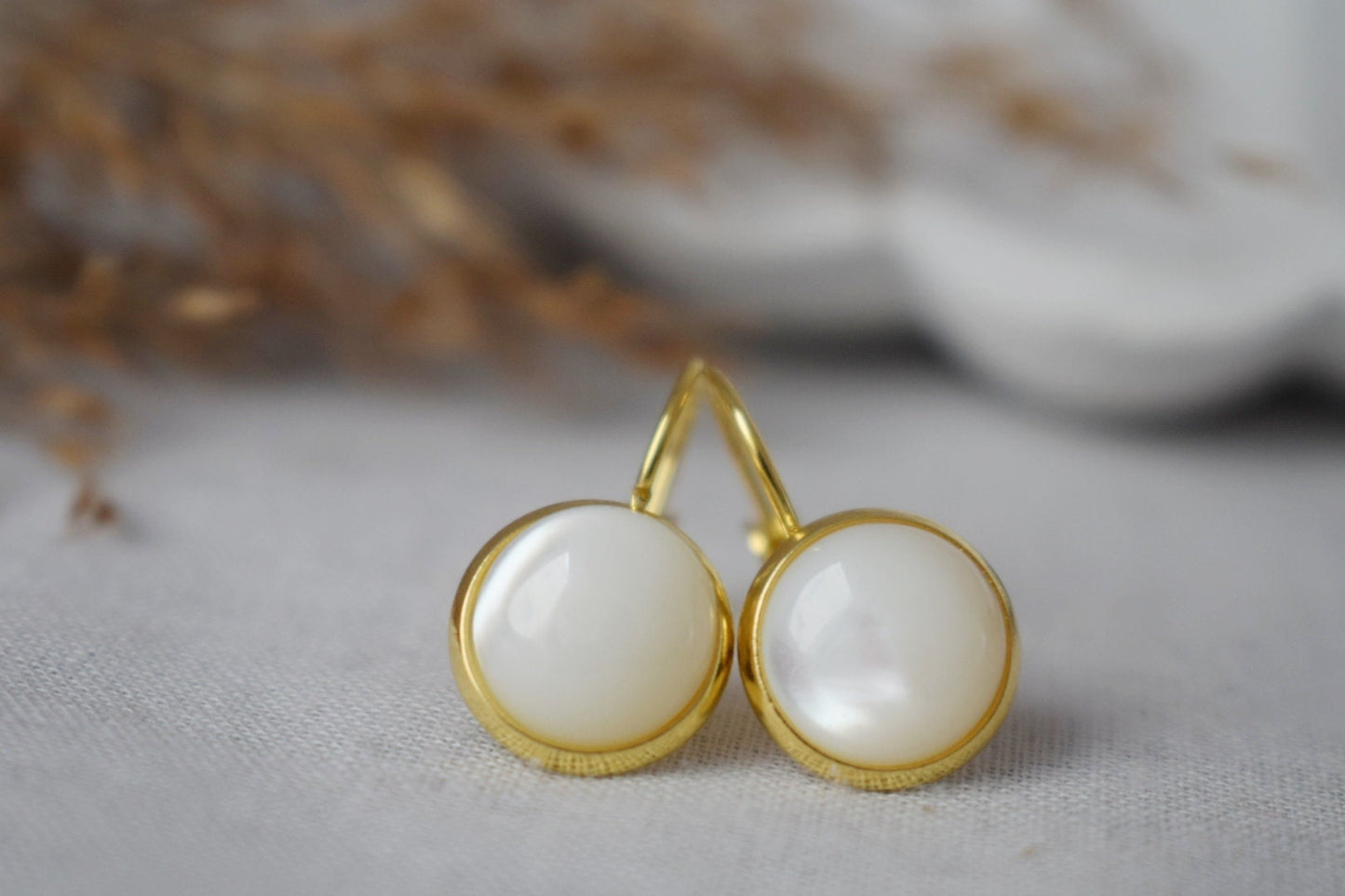 Mother of pearl earrings, Shell dangle earrings, Bridesmaid gift, Wedding jewelry