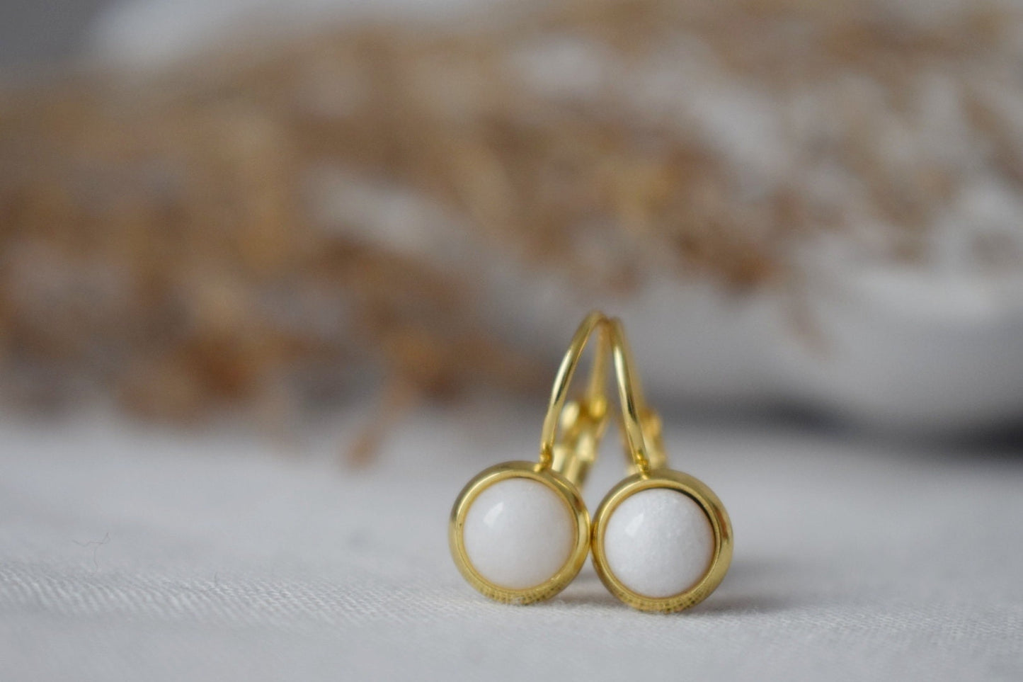 White Jade Earrings, 6mm Round Gemstone Earrings, 18k gold plated stainless steel, Minimalist Earrings, Handmade Jewelry, Gift For Her