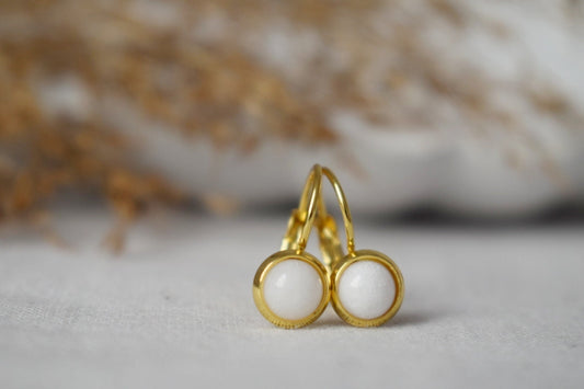 White Jade Earrings, 6mm Round Gemstone Earrings, 18k gold plated stainless steel, Minimalist Earrings, Handmade Jewelry, Gift For Her