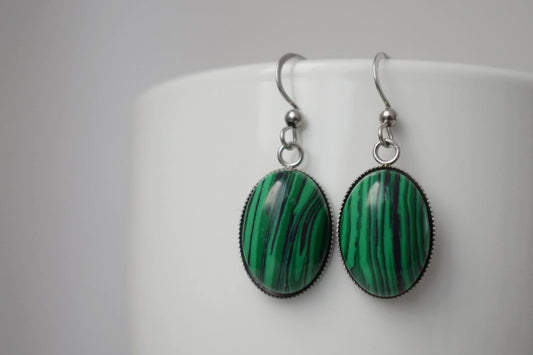 Malachite dangle earrings, Oval green gemstone pendant with stainless steel earrings hooks, Boho jewelry, Christmas gift for her