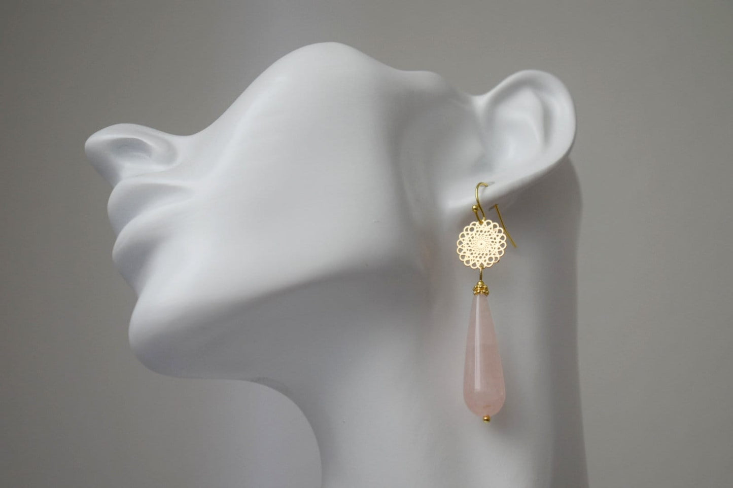 Natural Rose quartz dangle earrings gold, Long teardrop earrings, Mandala, Gemstone drop earrings, Wedding earrings, Rose quartz jewelry