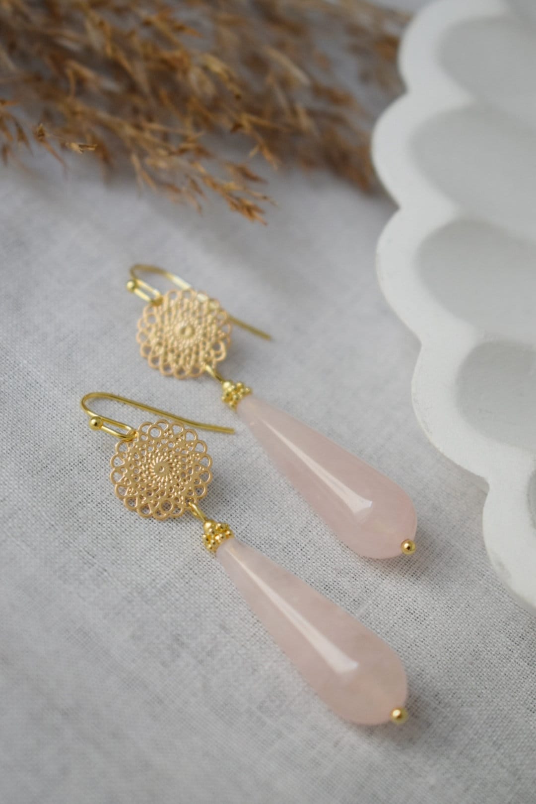 Natural Rose quartz dangle earrings gold, Long teardrop earrings, Mandala, Gemstone drop earrings, Wedding earrings, Rose quartz jewelry
