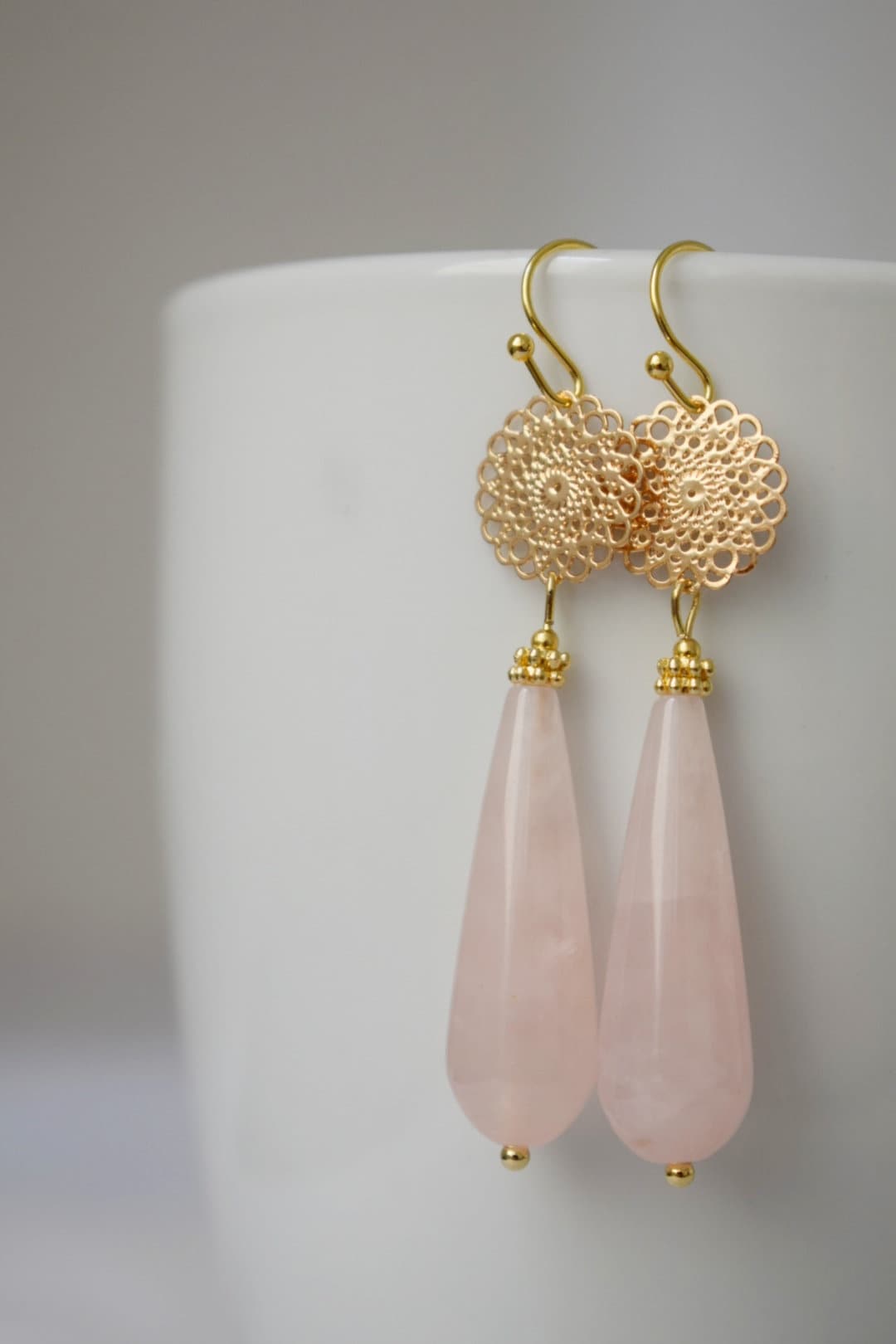 Natural Rose quartz dangle earrings gold, Long teardrop earrings, Mandala, Gemstone drop earrings, Wedding earrings, Rose quartz jewelry