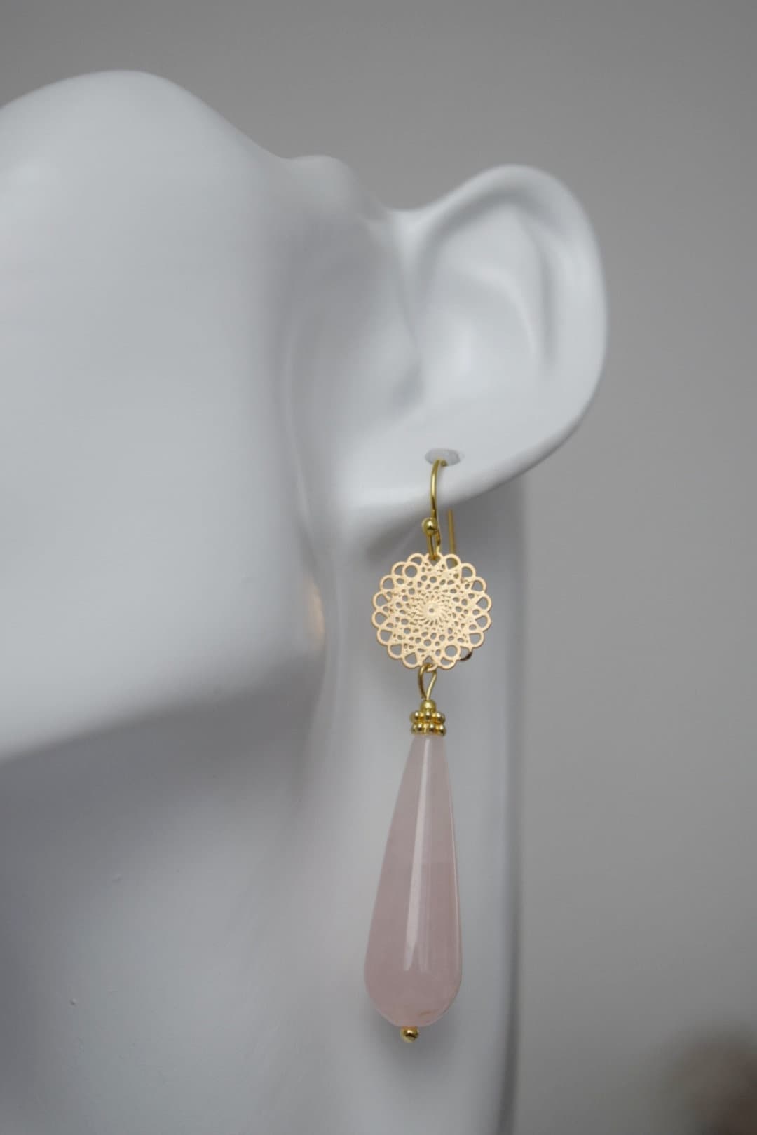 Natural Rose quartz dangle earrings gold, Long teardrop earrings, Mandala, Gemstone drop earrings, Wedding earrings, Rose quartz jewelry