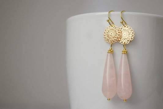 Natural Rose quartz dangle earrings gold, Long teardrop earrings, Mandala, Gemstone drop earrings, Wedding earrings, Rose quartz jewelry