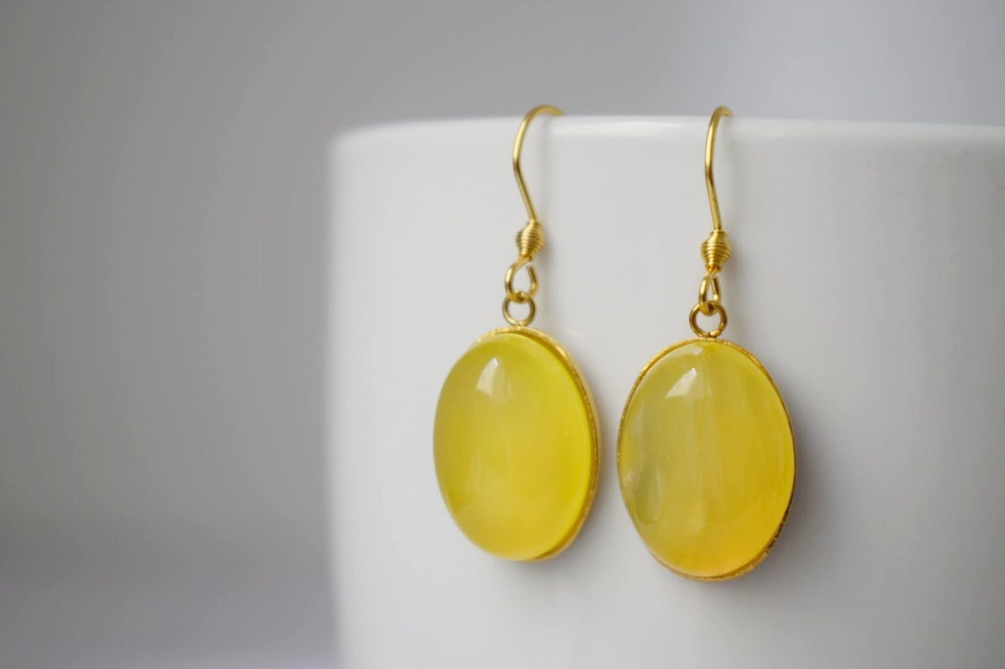 Yellow agate earrings gold, Oval gemstone dangle earrings, Natural stone hanging earrings women, Golden jewelry for her, Mother's day gift