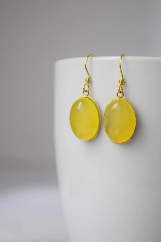 Yellow agate earrings gold, Oval gemstone dangle earrings, Natural stone hanging earrings women, Golden jewelry for her, Mother's day gift