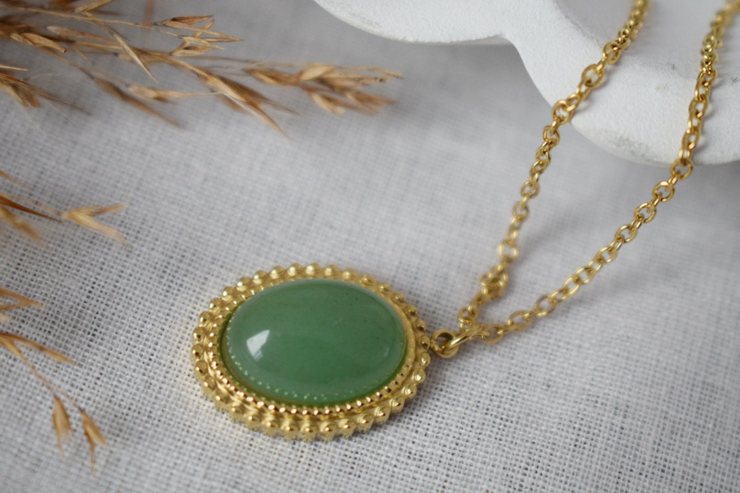 Green Aventurine Necklace, Oval Victorian Necklace For Women, Unique Gemstone Pendant, Green Stone, Natural Aventurine Gold Jewelry, Gift