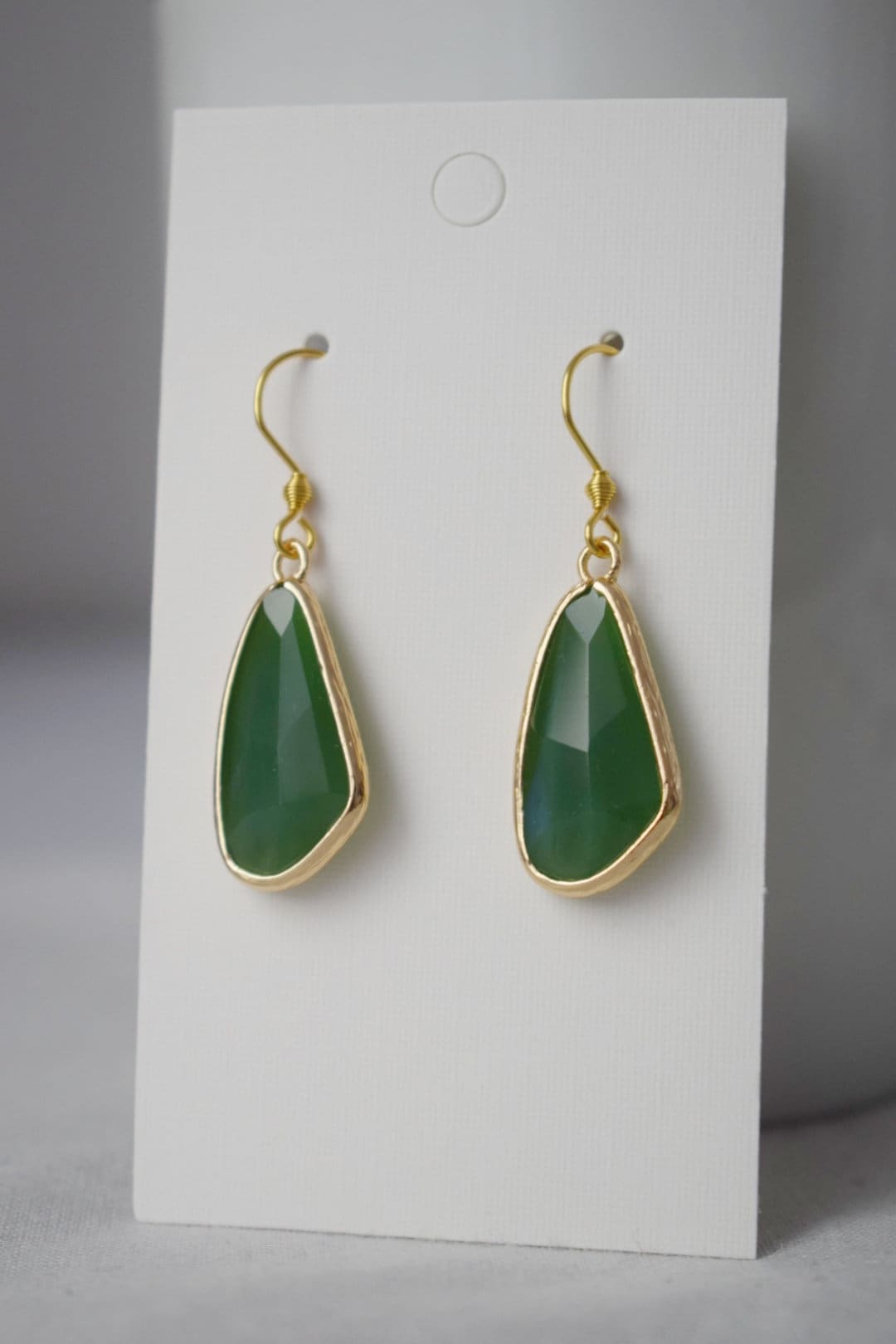Glass dangle earrings, Large teardrop earrings, Faceted earrings, Aventurine green, Long teardrop boho hanging earrings, Glass gold jewelry