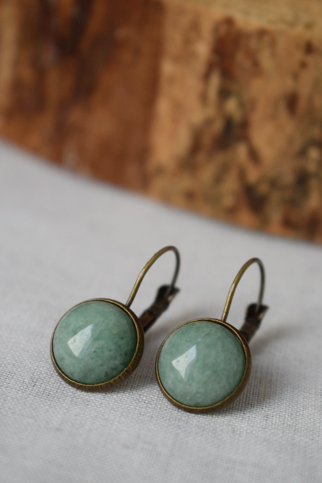 Green aventurine vintage earrings, Gemstone, Round, Green stone, Dangle, Antique bronze, Lever back, Aventurine jewelry, Hanging earrings