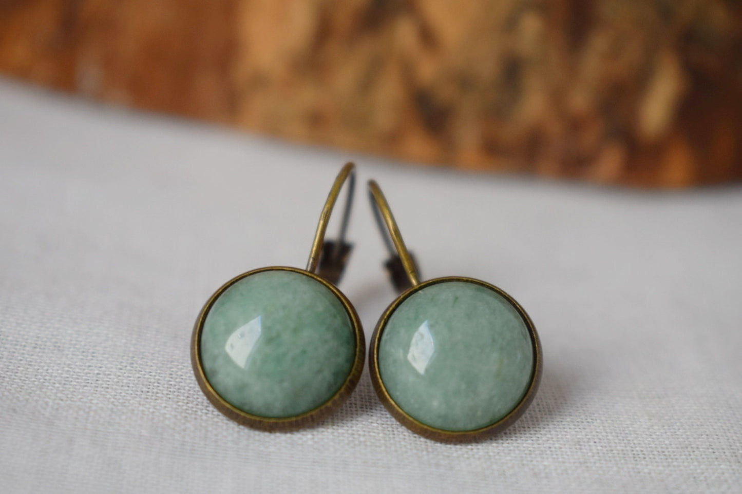 Green aventurine vintage earrings, Gemstone, Round, Green stone, Dangle, Antique bronze, Lever back, Aventurine jewelry, Hanging earrings