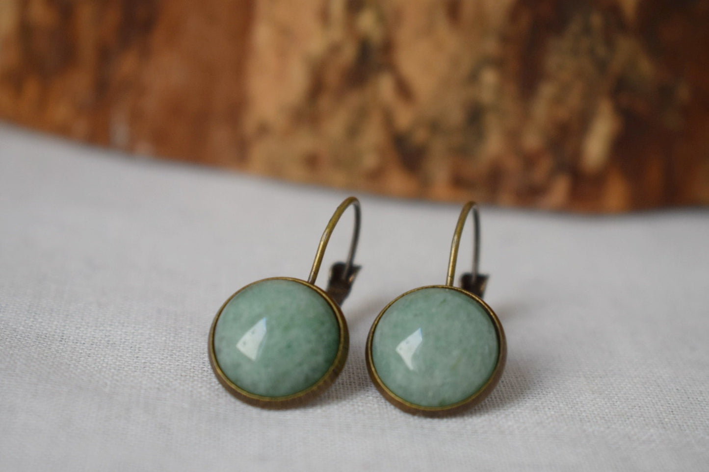 Green aventurine vintage earrings, Gemstone, Round, Green stone, Dangle, Antique bronze, Lever back, Aventurine jewelry, Hanging earrings