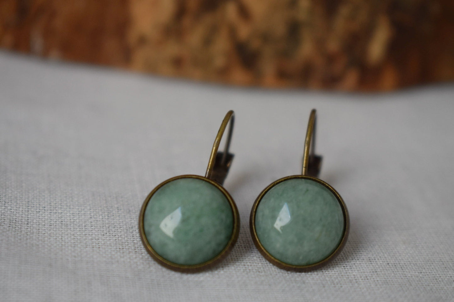 Green aventurine vintage earrings, Gemstone, Round, Green stone, Dangle, Antique bronze, Lever back, Aventurine jewelry, Hanging earrings