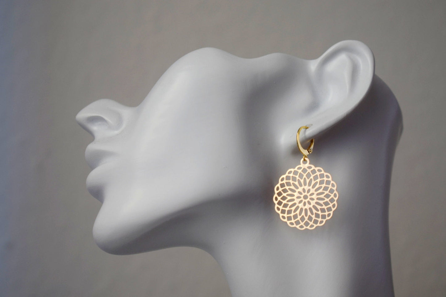 Mandala earrings, Ornament earrings for women, Stainless steel huggie earrings, Boho filigree gold earrings, Mandala jewelry, Gift for her