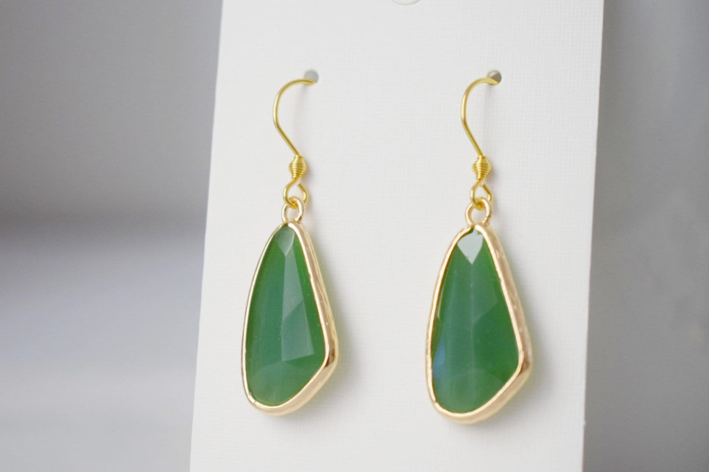 Glass dangle earrings, Large teardrop earrings, Faceted earrings, Aventurine green, Long teardrop boho hanging earrings, Glass gold jewelry