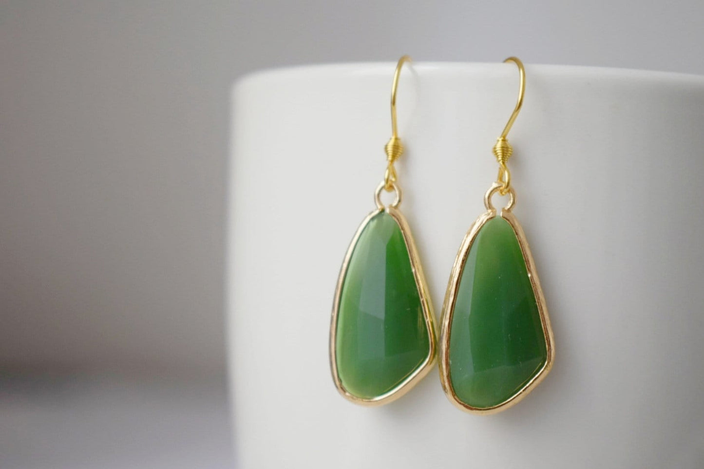 Glass dangle earrings, Large teardrop earrings, Faceted earrings, Aventurine green, Long teardrop boho hanging earrings, Glass gold jewelry