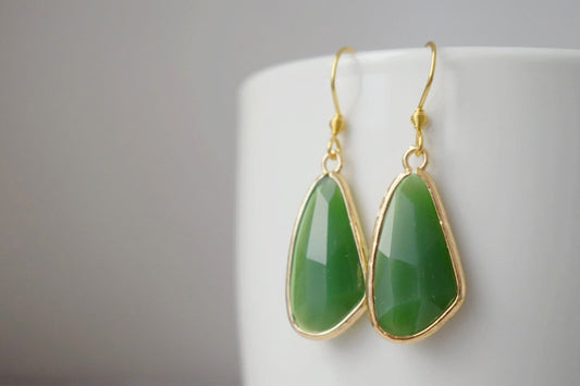 Glass dangle earrings, Large teardrop earrings, Faceted earrings, Aventurine green, Long teardrop boho hanging earrings, Glass gold jewelry