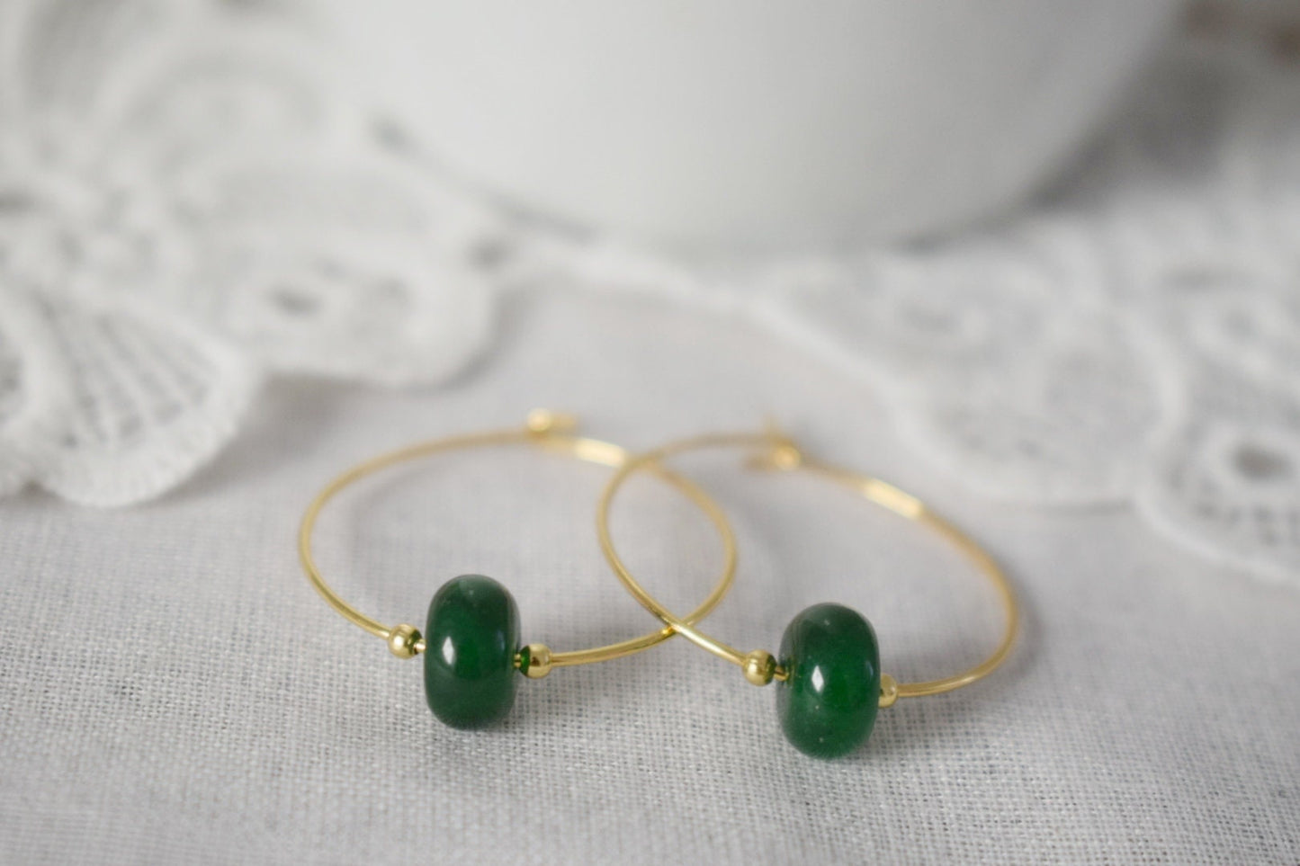 Dark green jade hoop earrings, Gemstone Creole, 18k gold plated stainless steel, Emerald green, Minimalist, Boho handmade jewelry gift