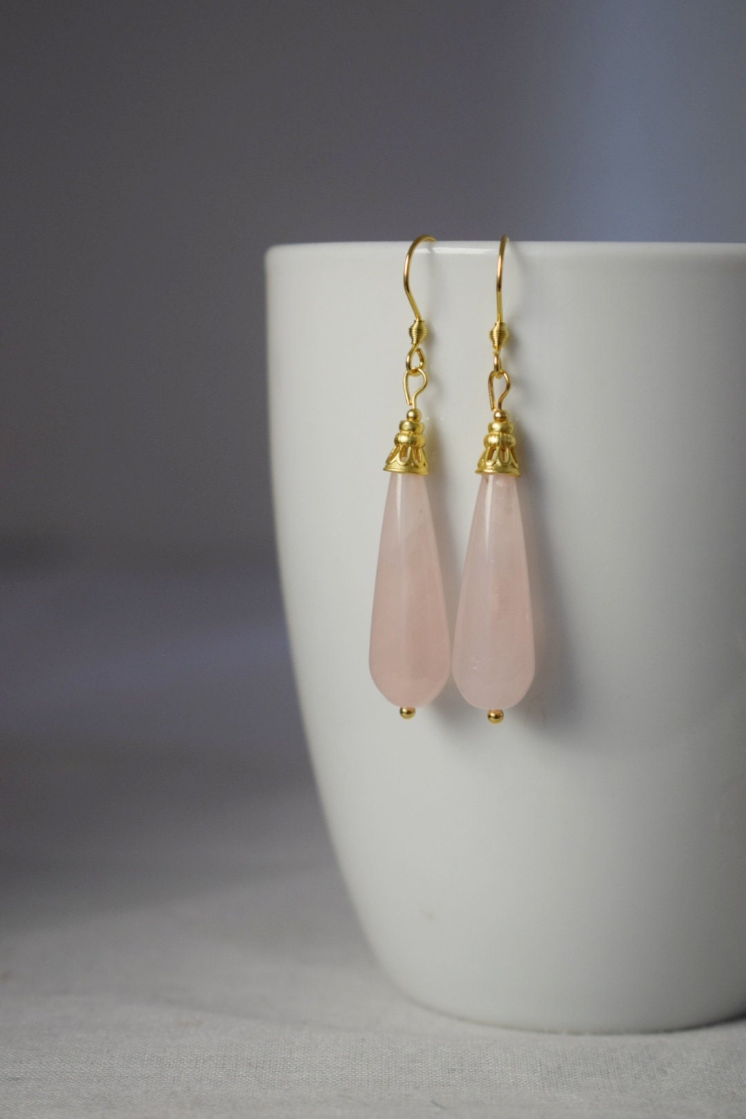Natural rose quartz teardrop earrings, Long drop earrings, Gemstone dangle earrings, Gold plated stainless steel, Rose quartz jewelry