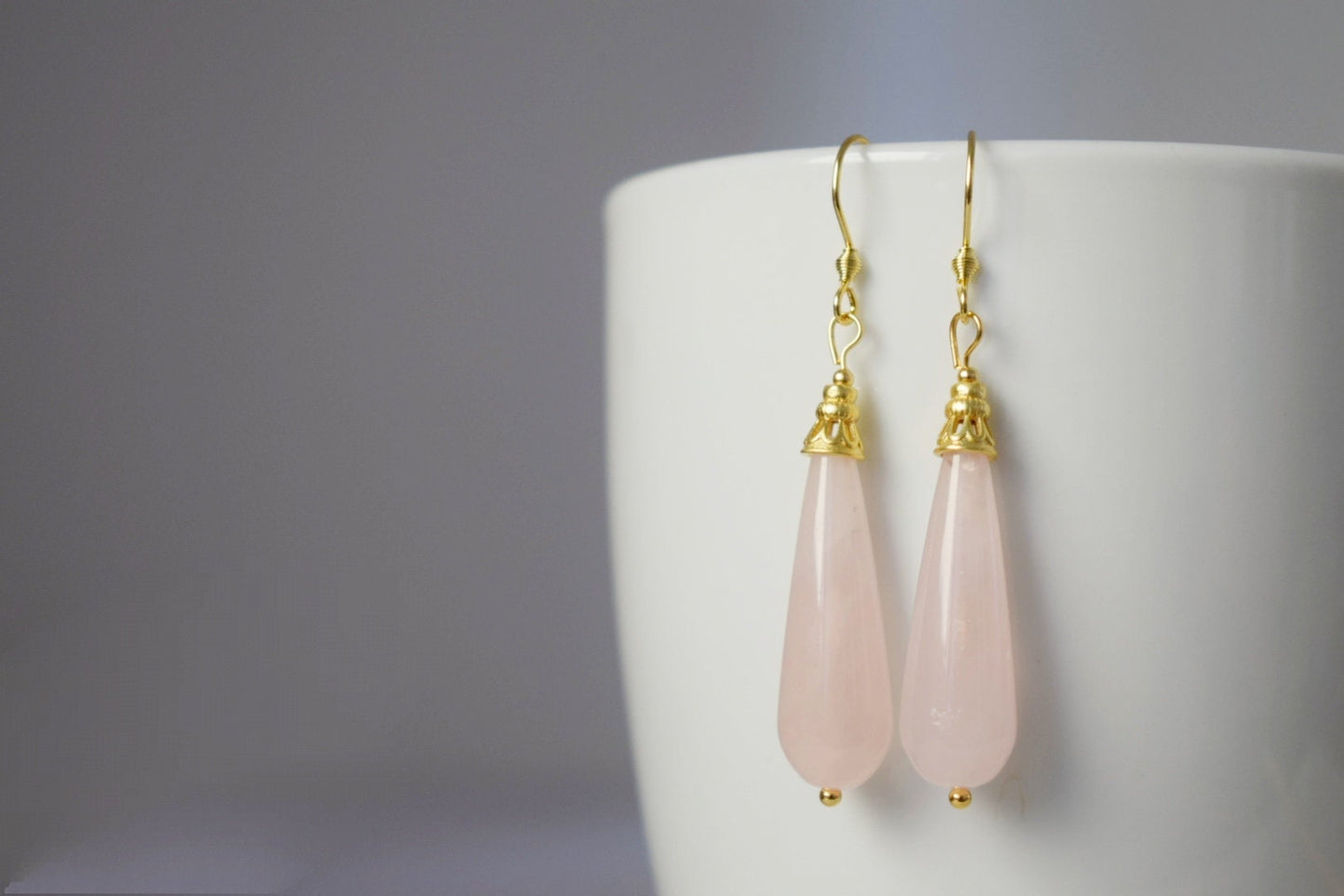Natural rose quartz teardrop earrings, Long drop earrings, Gemstone dangle earrings, Gold plated stainless steel, Rose quartz jewelry