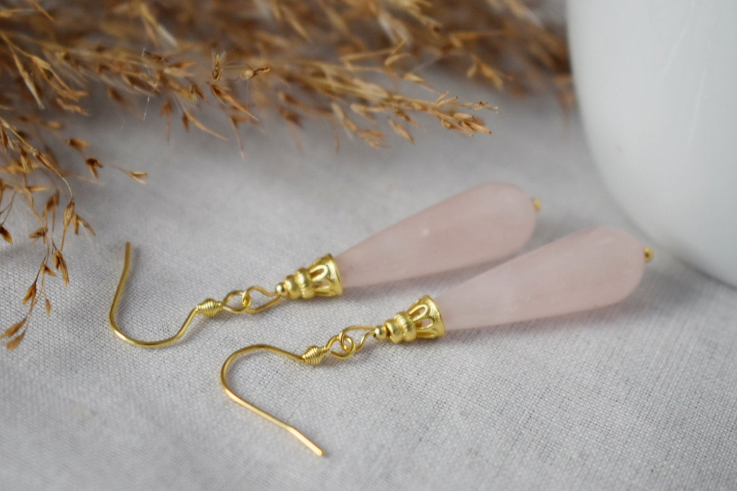 Natural rose quartz teardrop earrings, Long drop earrings, Gemstone dangle earrings, Gold plated stainless steel, Rose quartz jewelry