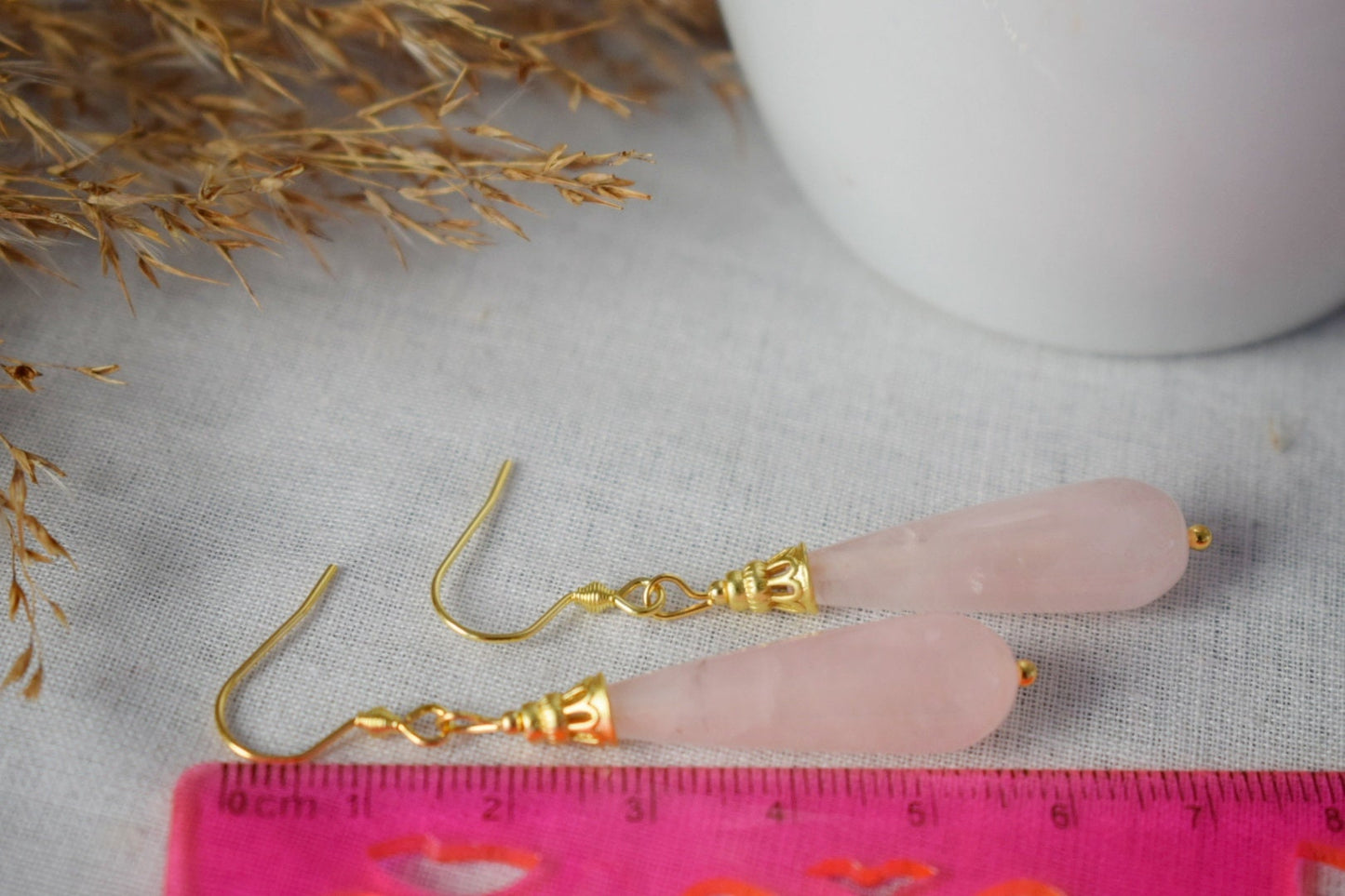 Natural rose quartz teardrop earrings, Long drop earrings, Gemstone dangle earrings, Gold plated stainless steel, Rose quartz jewelry