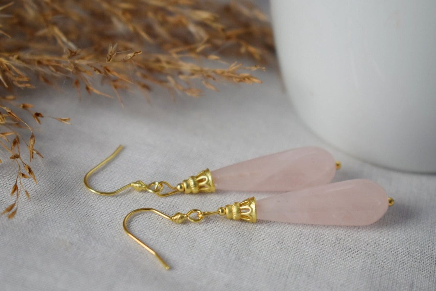 Natural rose quartz teardrop earrings, Long drop earrings, Gemstone dangle earrings, Gold plated stainless steel, Rose quartz jewelry