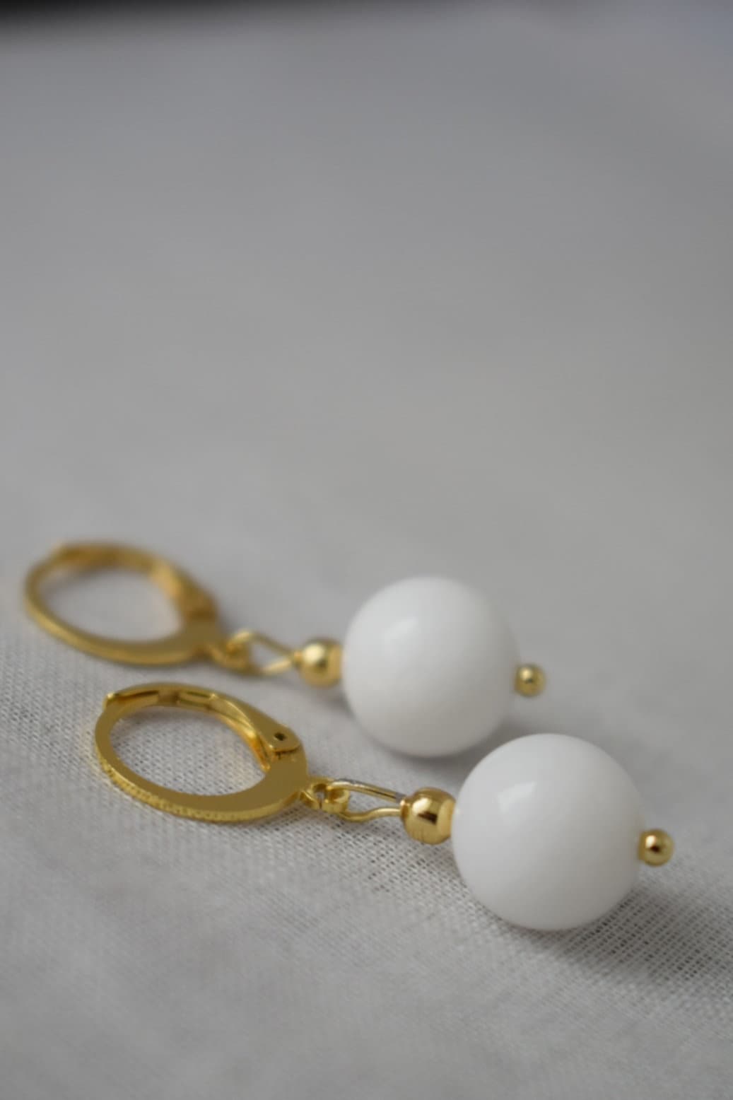 Huggie earrings with white jade gemstone bead pendant in gold plated stainless steel hoop earringsBest christmas gift