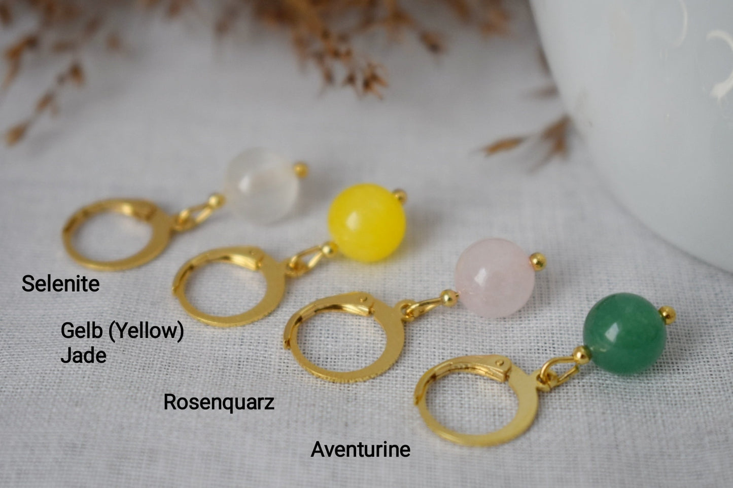 Huggie earrings with white jade gemstone bead pendant in gold plated stainless steel hoop earringsBest christmas gift