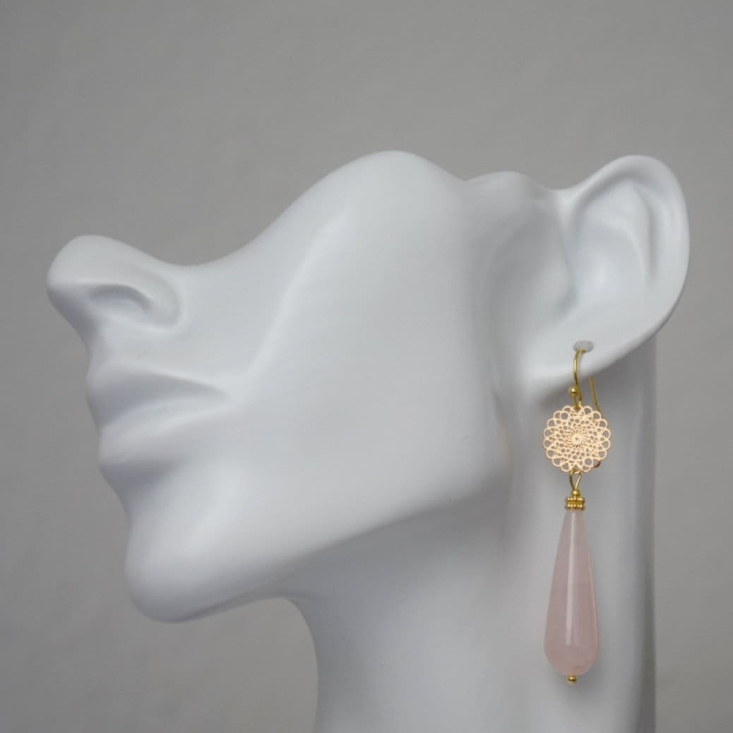 Natural Rose quartz dangle earrings gold, Long teardrop earrings, Mandala, Gemstone drop earrings, Wedding earrings, Rose quartz jewelry