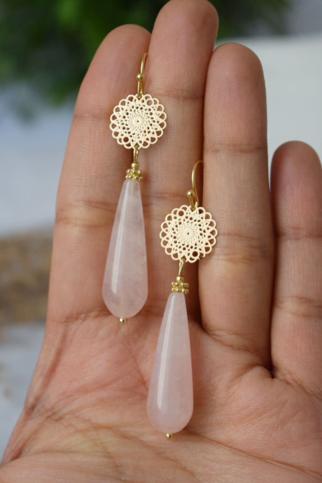 Natural Rose quartz dangle earrings gold, Long teardrop earrings, Mandala, Gemstone drop earrings, Wedding earrings, Rose quartz jewelry