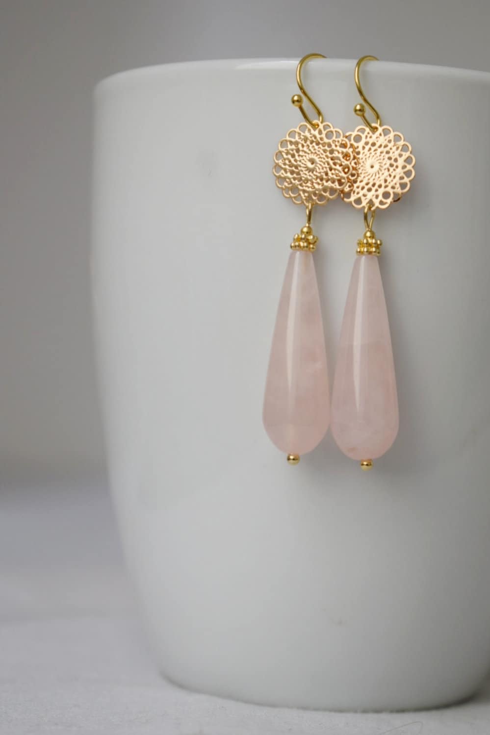 Natural Rose quartz dangle earrings gold, Long teardrop earrings, Mandala, Gemstone drop earrings, Wedding earrings, Rose quartz jewelry