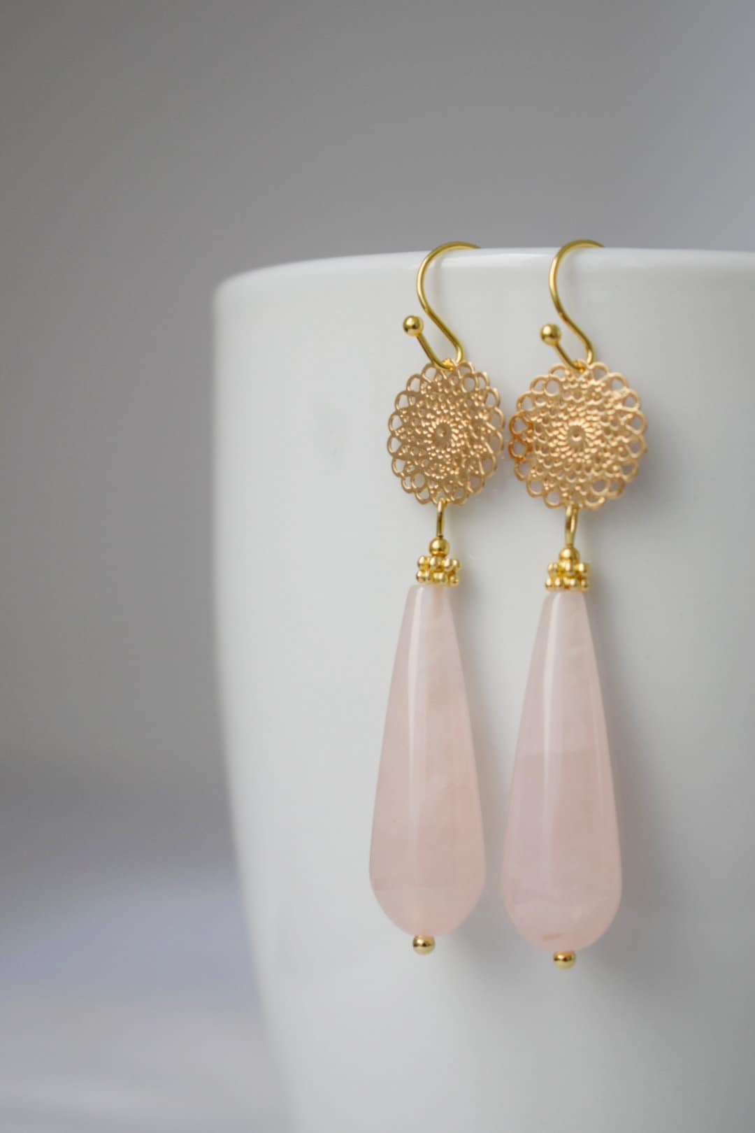 Natural Rose quartz dangle earrings gold, Long teardrop earrings, Mandala, Gemstone drop earrings, Wedding earrings, Rose quartz jewelry