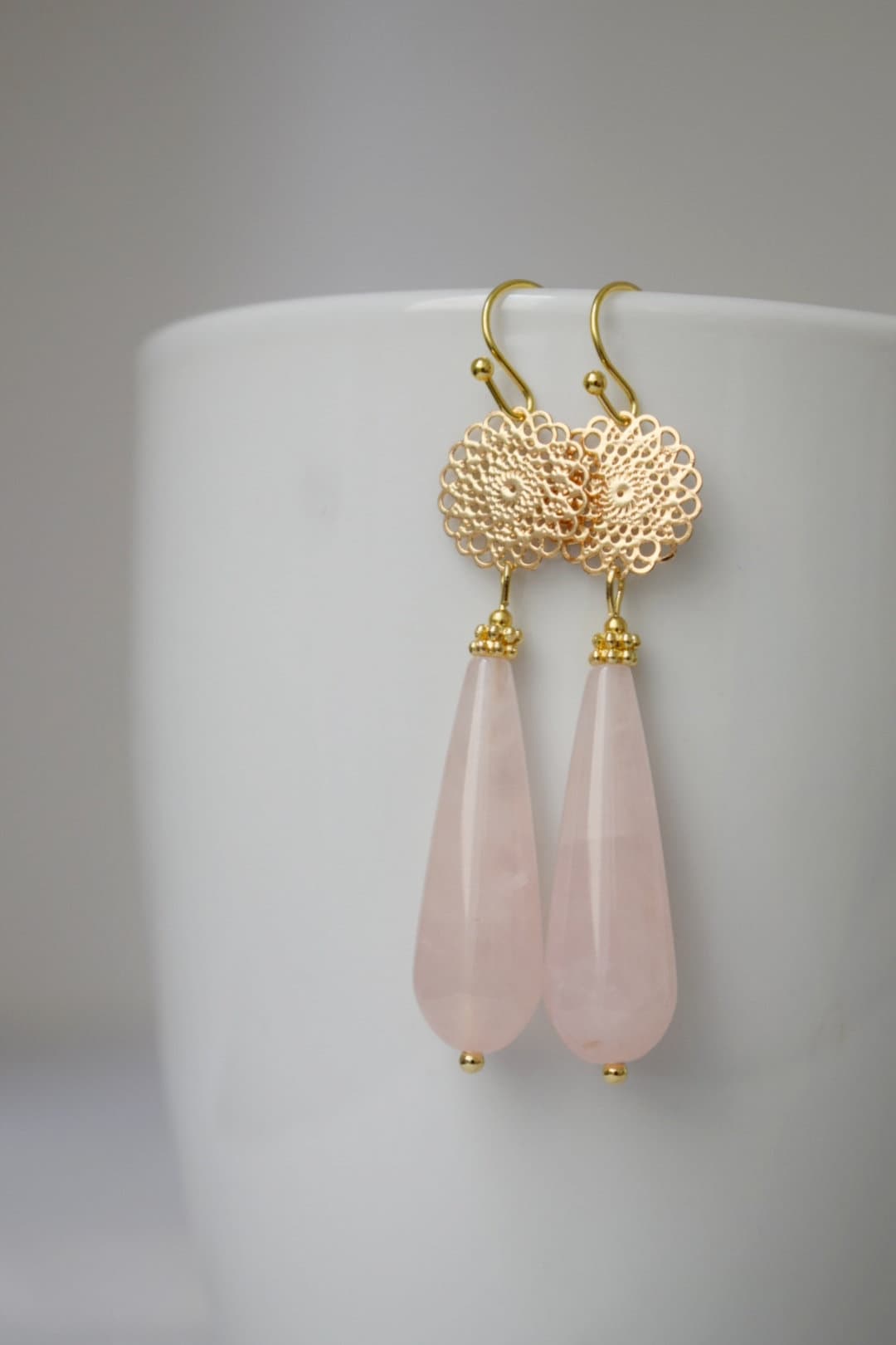 Natural Rose quartz dangle earrings gold, Long teardrop earrings, Mandala, Gemstone drop earrings, Wedding earrings, Rose quartz jewelry