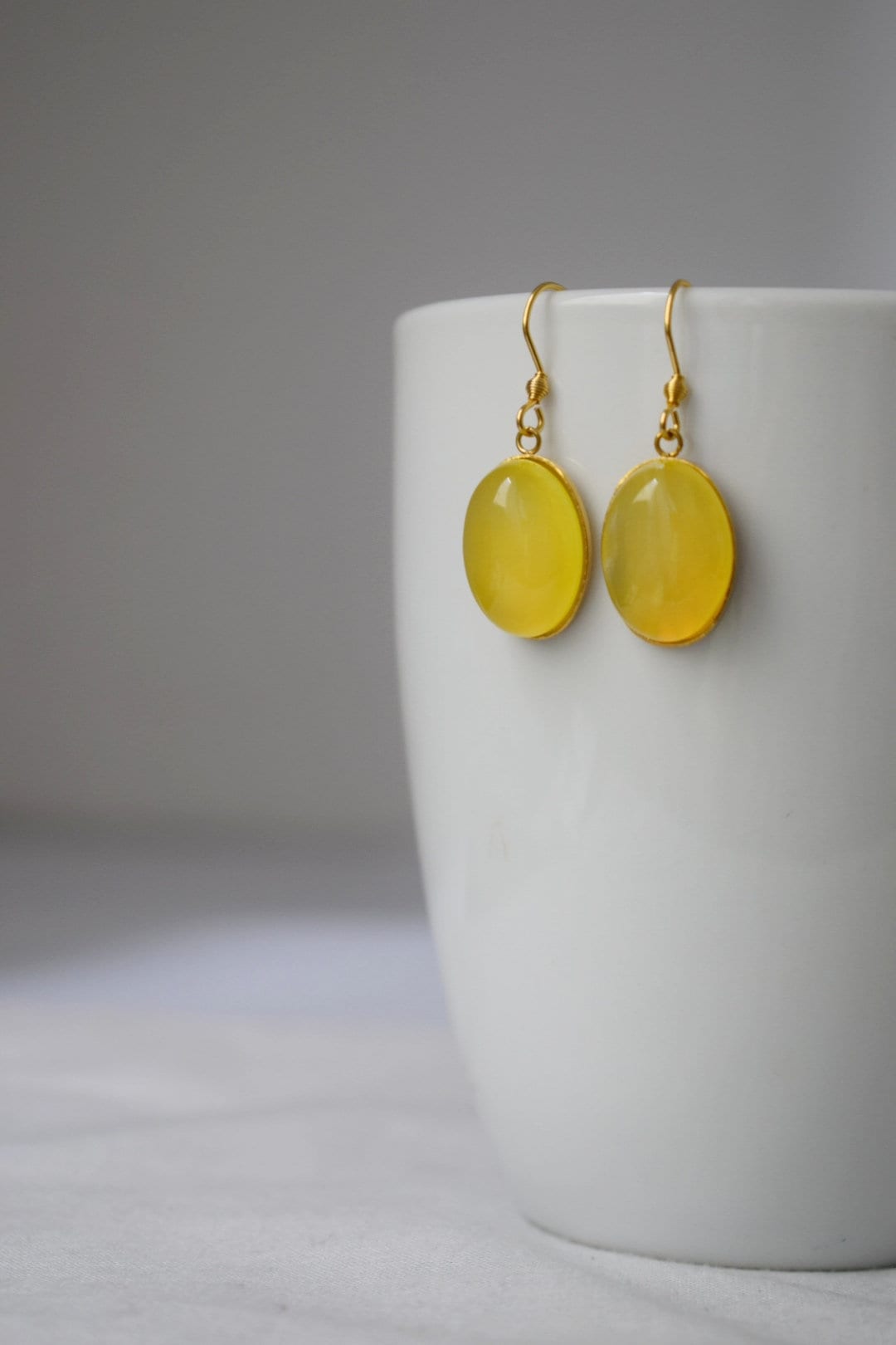 Yellow agate earrings gold, Oval gemstone dangle earrings, Natural stone hanging earrings women, Golden jewelry for her, Mother's day gift
