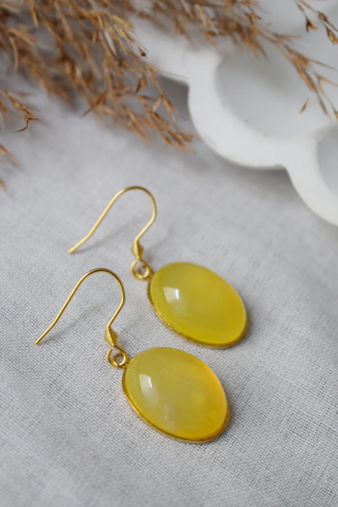 Yellow agate earrings gold, Oval gemstone dangle earrings, Natural stone hanging earrings women, Golden jewelry for her, Mother's day gift