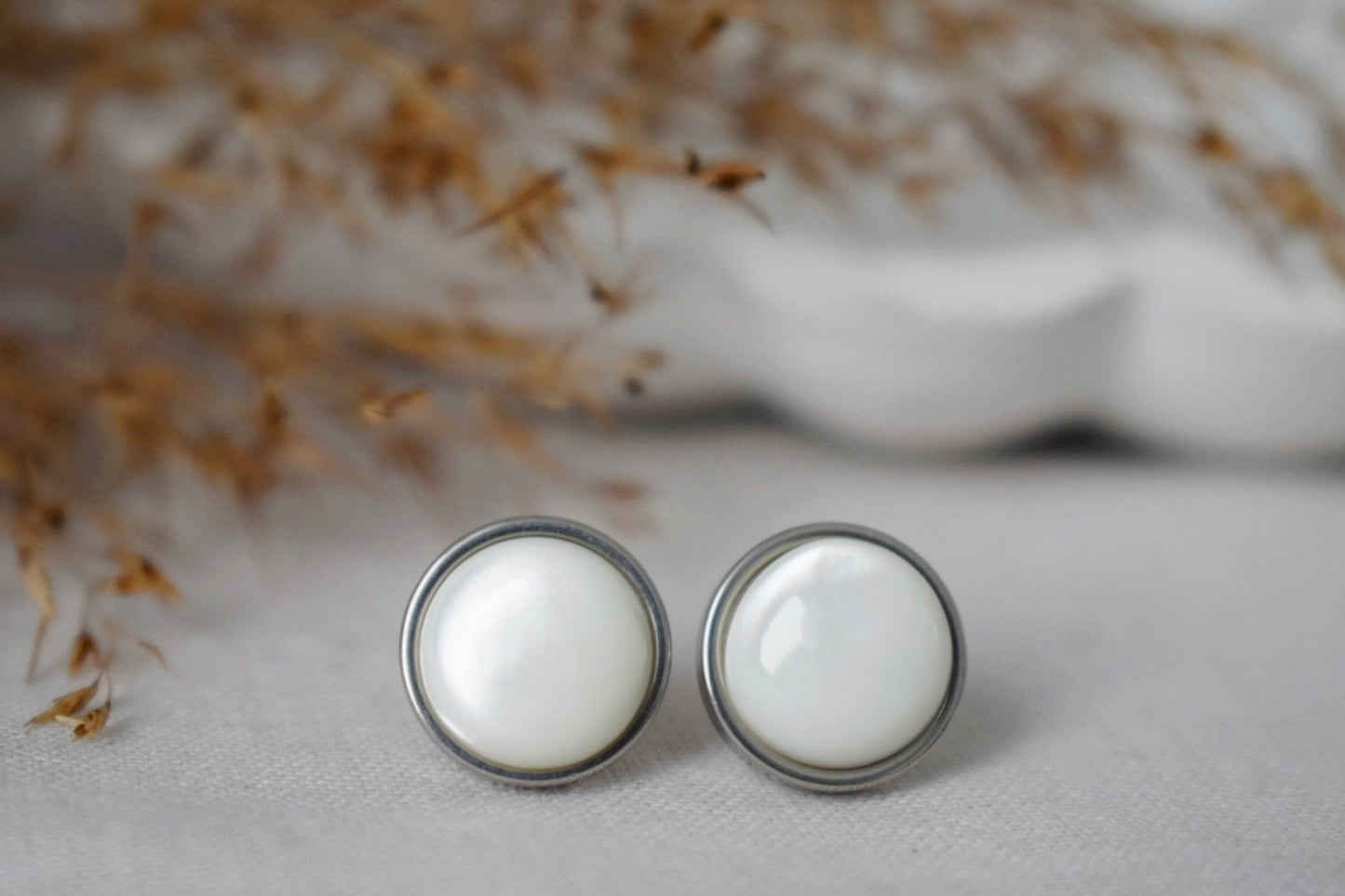 Mother of pearl stud earrings, Shell stud earrings, 10mm, Stainless Steel stud earrings, Round, Push back stud, Pearl jewelry, Gift women