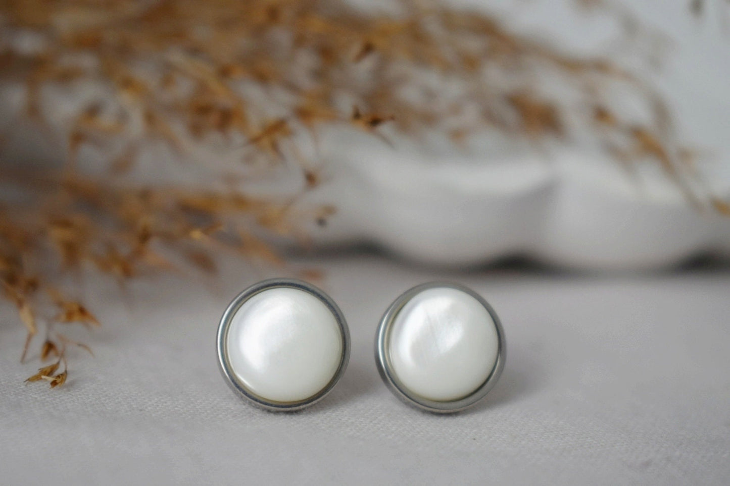 Mother of pearl stud earrings, Shell stud earrings, 10mm, Stainless Steel stud earrings, Round, Push back stud, Pearl jewelry, Gift women