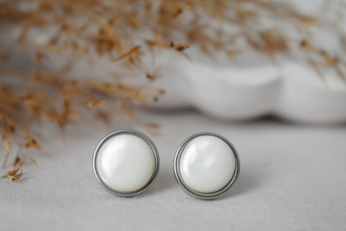 Mother of pearl stud earrings, Shell stud earrings, 10mm, Stainless Steel stud earrings, Round, Push back stud, Pearl jewelry, Gift women