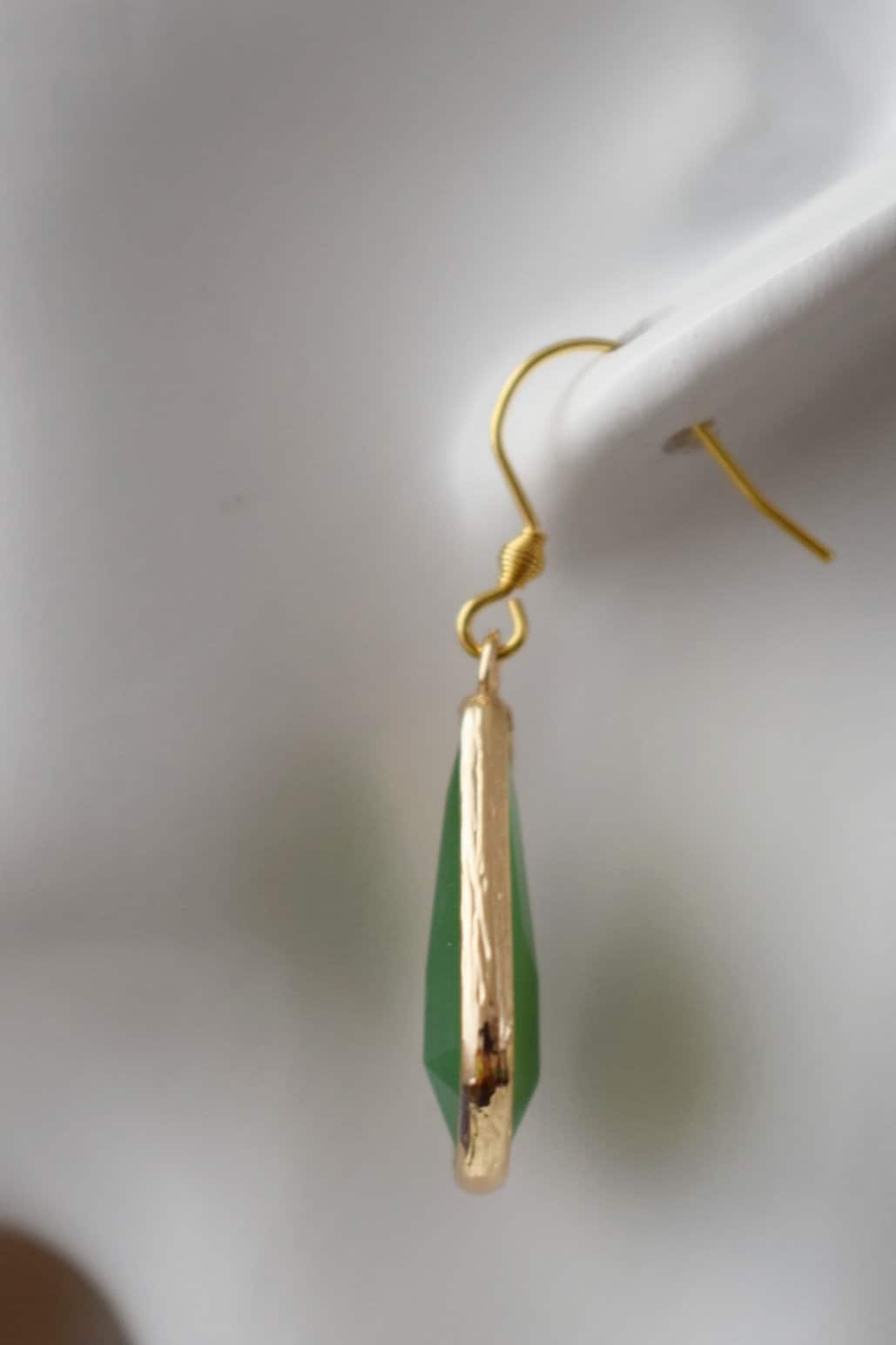 Glass dangle earrings, Large teardrop earrings, Faceted earrings, Aventurine green, Long teardrop boho hanging earrings, Glass gold jewelry