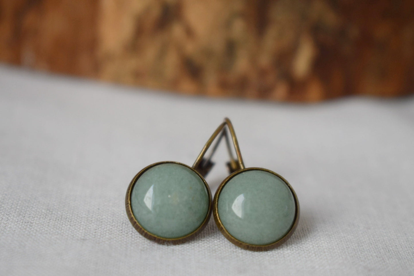 Green aventurine vintage earrings, Gemstone, Round, Green stone, Dangle, Antique bronze, Lever back, Aventurine jewelry, Hanging earrings