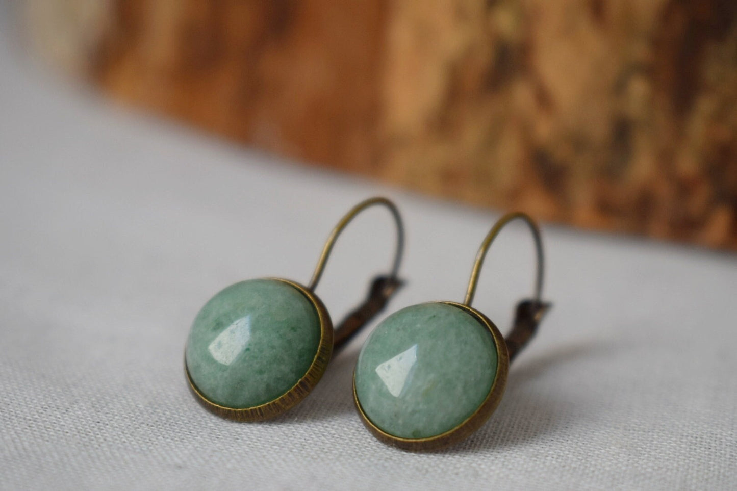 Green aventurine vintage earrings, Gemstone, Round, Green stone, Dangle, Antique bronze, Lever back, Aventurine jewelry, Hanging earrings