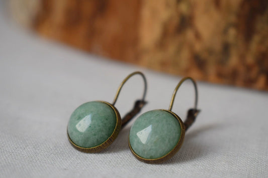 Grüne Aventurin-Vintage-Ohrringe, Edelstein, rund, grüner Stein, baumelnd, antike Bronze, Hebelverschluss, Aventurin-Schmuck, Hängeohrringe