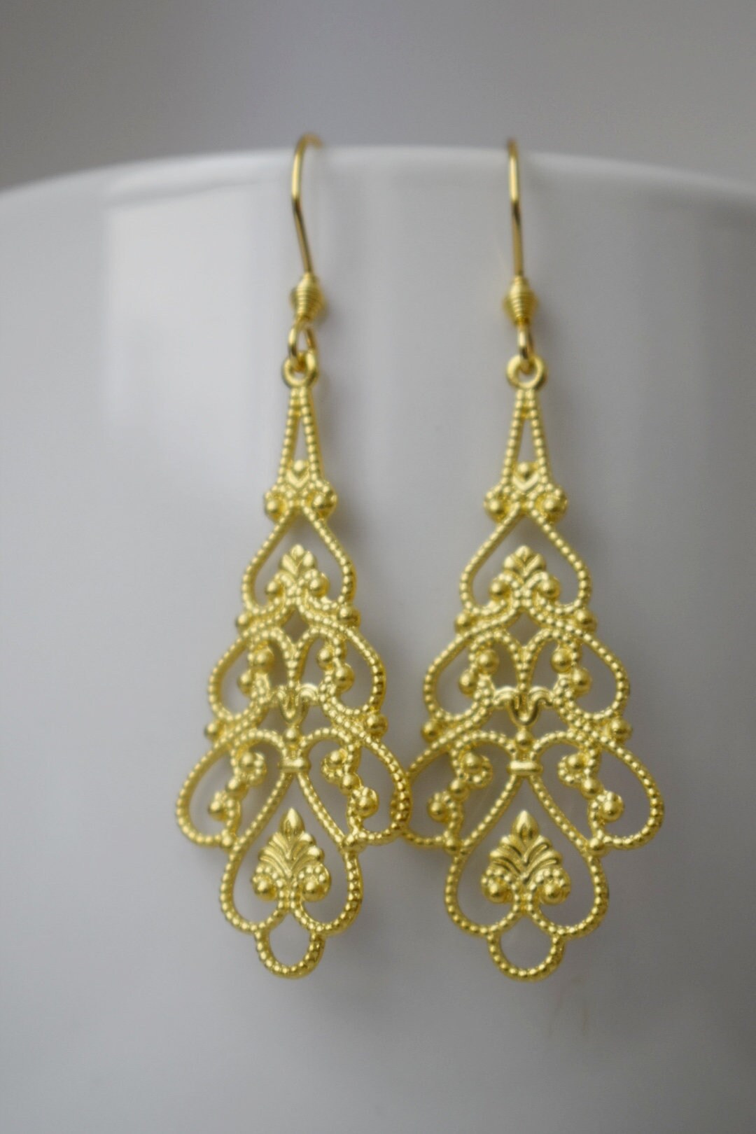 Ornament earrings gold, Long filigree & floral earrings, Vintage, Boho, Stainless steel, Teardrop earrings, Unique, Handmade jewelry gift