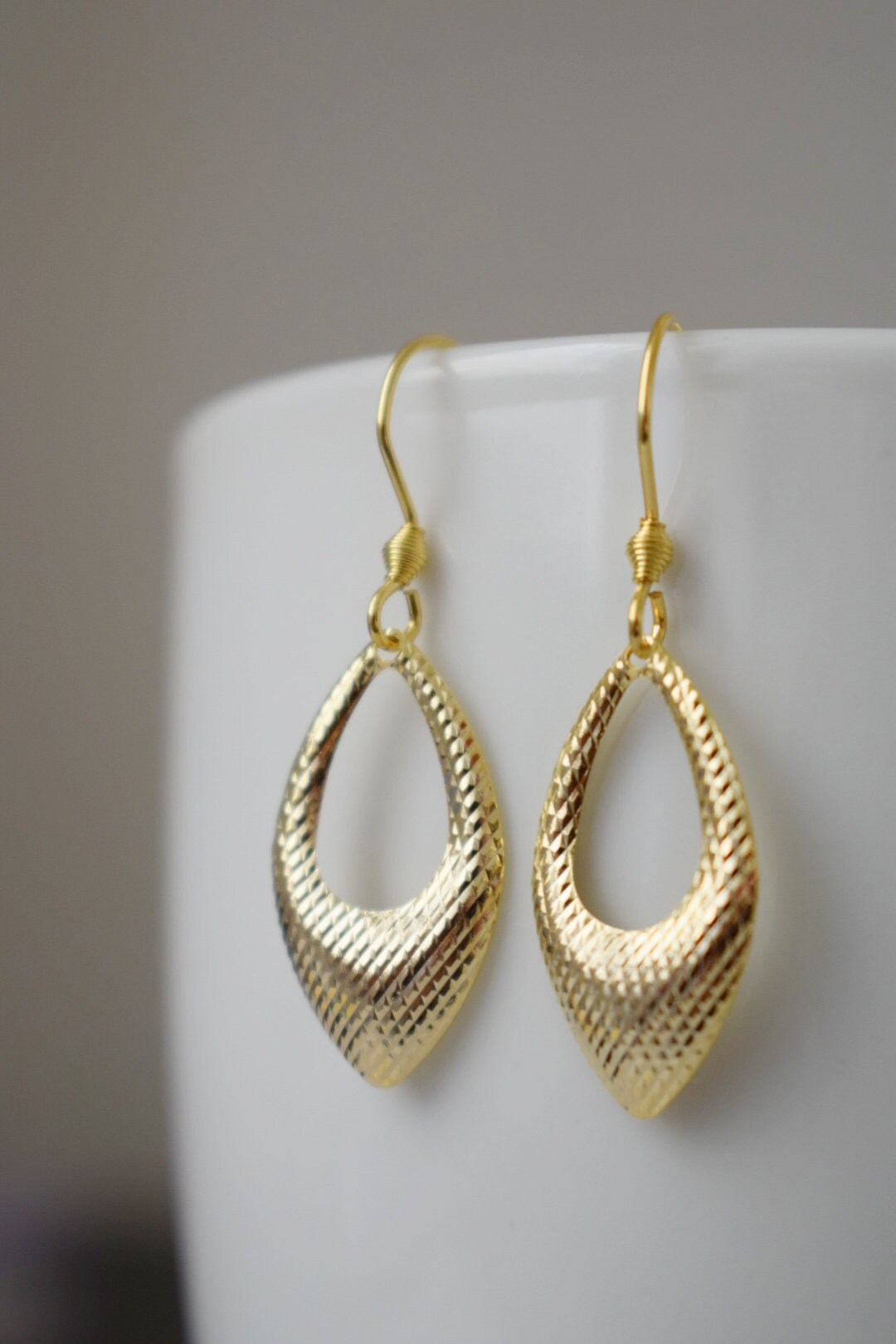 Gold pendant teardrop earrings, Minimalist, Geometric hanging dangle and drop gold earrings, Birthday small jewelry gifts for women mom wife