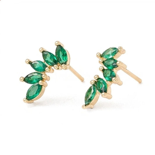 Green Leaf Stud Earrings, Cubic Zirconia Stud Earrings, Marquise Earrings, Real 18K Gold Plated Brass Studs, Leaf Gold Jewelry