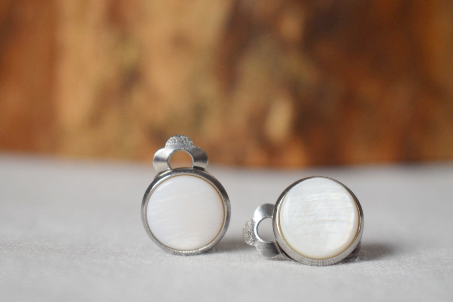 Mother of pearl clip on earrings, 12mm, White pearl, Stainless steel, Pearl ear clips for women, Non pierced earrings, Pearl jewelry