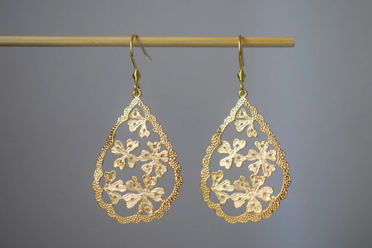Teardrop flower earrings, Ornament earrings, 18k gold plated, Long filigree earrings, Stainless steel, Victorian jewelry, Unique gift her