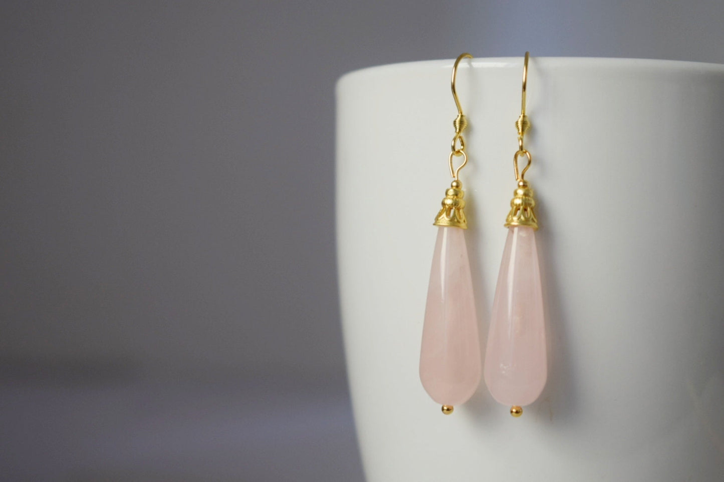 Natural rose quartz teardrop earrings, Long drop earrings, Gemstone dangle earrings, Gold plated stainless steel, Rose quartz jewelry