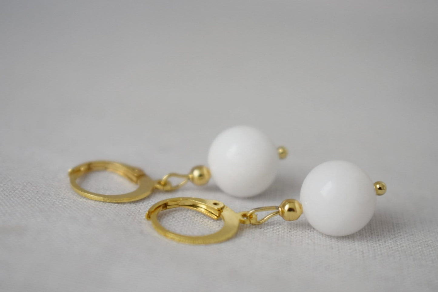 Huggie earrings with white jade gemstone bead pendant in gold plated stainless steel hoop earringsBest christmas gift